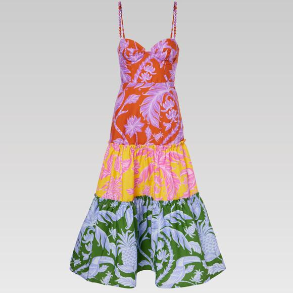 NWT FARM RIO Mixed Tropical Swing Sleeveless Midi Dress size Small Floral Tiered NWT FARM RIO Mixed Tropical Swing Sleeveless Midi Dress size Small Floral Tiered